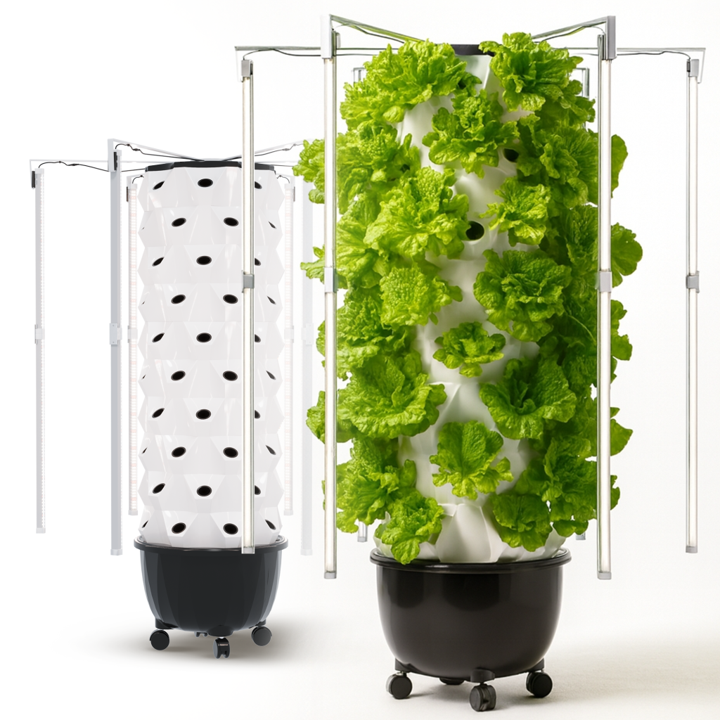 A clean studio shot on a white background showing a side-by-side comparison of two VertiLeaf vertical aeroponic grow towers on mobile wheels with integrated LED grow lights. The tower on the left is empty, showing the white planting ports, while the tower on the right is fully loaded with mature, leafy green lettuce crops ready for harvest.
