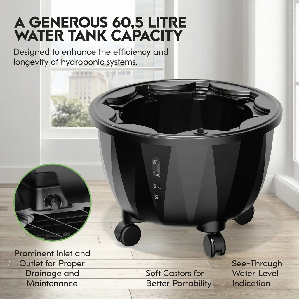 Product infographic for the VertiLeaf 16-gallon or 60-litre capacity water tank reservoir on wheels. Bullet points highlight features: a prominent inlet and outlet for proper drainage and maintenance, soft castors for better portability, and a see-through vertical water level indicator showing 20L to 50L marks.