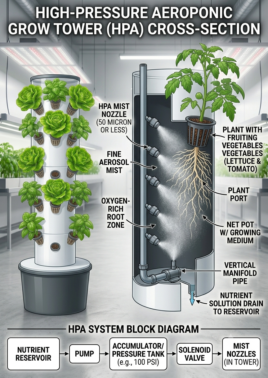 Detailed cross-section diagram of a High-Pressure Aeroponic (HPA) vertical grow tower, showing suspended plant roots being sprayed with a fine 50-micron aerosol mist from high-pressure nozzles along a vertical manifold.